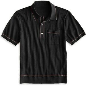 Mens Black Knit Polo Shirts Short Sleeve Button T Shirts  with Pocket